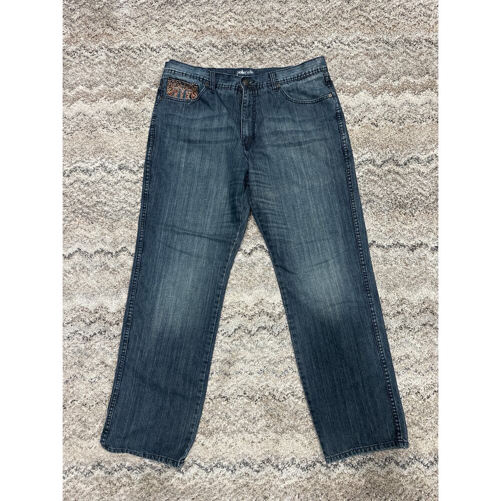 Pelle Pelle Y2K Blue Distressed Embroidered Baggy Jeans Men’s Size 38x34